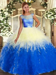 Multi-color Ball Gowns Scoop Sleeveless Organza Floor Length Backless Lace and Ruffles Quinceanera Gowns