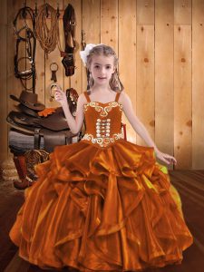 Orange Straps Lace Up Embroidery and Ruffles Glitz Pageant Dress Sleeveless