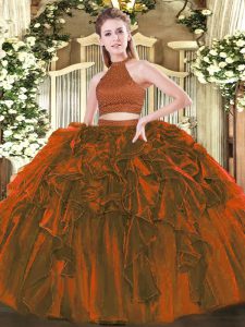 Halter Top Sleeveless Organza Quinceanera Gown Beading and Ruffles Backless