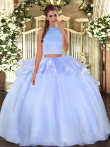 Attractive Light Blue Backless Halter Top Beading Quince Ball Gowns Organza Sleeveless