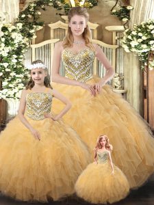 Exquisite Champagne Ball Gowns Sweetheart Sleeveless Organza Floor Length Lace Up Beading and Ruffles 15th Birthday Dress