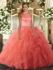 Halter Top Sleeveless Backless Ball Gown Prom Dress Orange Red Organza