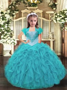 High Class Aqua Blue Straps Neckline Ruffles Kids Pageant Dress Sleeveless Lace Up