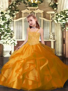 Elegant Ball Gowns High School Pageant Dress Orange Straps Organza Sleeveless Floor Length Lace Up