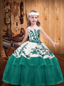Turquoise Lace Up Pageant Gowns Embroidery Sleeveless