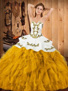 Floor Length Gold Sweet 16 Dresses Satin and Organza Sleeveless Embroidery and Ruffles