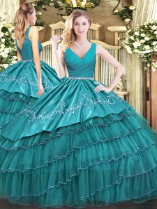 V-neck Sleeveless Satin and Organza Quinceanera Dress Embroidery and Ruffled Layers Zipper