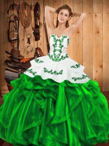 Green Lace Up Strapless Embroidery and Ruffles Vestidos de Quinceanera Satin and Organza Sleeveless