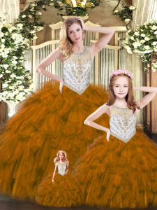 Romantic Brown Lace Up Scoop Beading and Ruffles Quince Ball Gowns Tulle Sleeveless