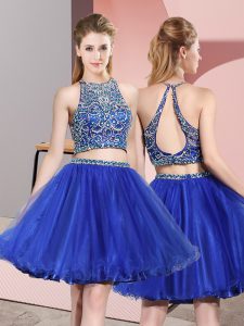 On Sale Royal Blue Two Pieces Beading Dama Dress Backless Tulle Sleeveless Mini Length