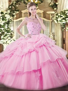 Fantastic Rose Pink Bateau Zipper Beading and Ruffles and Pick Ups Ball Gown Prom Dress Sleeveless