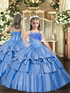 Baby Blue Lace Up Pageant Dresses Beading and Ruffled Layers Sleeveless Floor Length