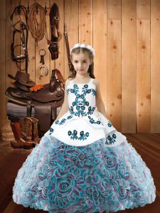 Latest Fabric With Rolling Flowers Straps Sleeveless Lace Up Embroidery Pageant Gowns For Girls in Multi-color