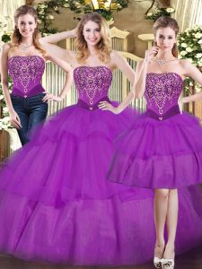 Great Eggplant Purple Sleeveless Floor Length Beading and Ruffled Layers Lace Up Sweet 16 Dresses