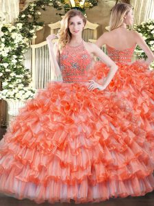 Fantastic Orange Ball Gowns Halter Top Sleeveless Organza Floor Length Zipper Beading and Ruffled Layers Sweet 16 Dress