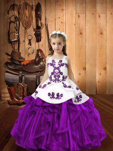 Affordable Eggplant Purple High School Pageant Dress Organza Sleeveless Embroidery and Ruffles