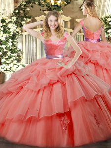 Watermelon Red Sleeveless Floor Length Ruffled Layers Zipper Quinceanera Gowns