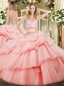 Floor Length Pink Ball Gown Prom Dress Tulle Sleeveless Beading and Ruffles