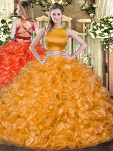 Orange Red High-neck Criss Cross Ruffles Quinceanera Gowns Sleeveless