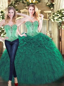Unique Green Sweetheart Neckline Beading and Ruffles Ball Gown Prom Dress Sleeveless Lace Up