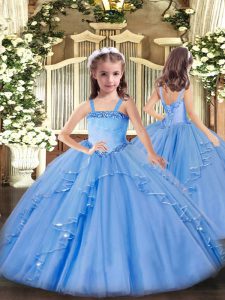 Elegant Baby Blue Ball Gowns Straps Sleeveless Organza Floor Length Lace Up Appliques and Ruffles Kids Formal Wear