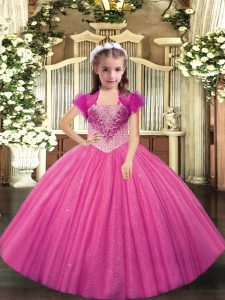 Wonderful Hot Pink Tulle Lace Up Straps Sleeveless Pageant Gowns For Girls Beading