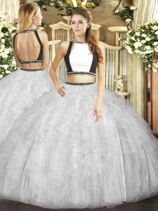 Grey Halter Top Neckline Ruffles Quinceanera Gown Sleeveless Backless