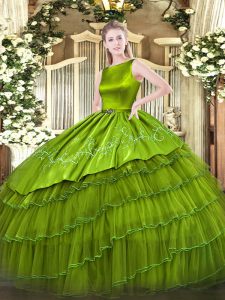 Low Price Floor Length Olive Green Sweet 16 Dress Satin and Organza Sleeveless Embroidery and Ruffled Layers