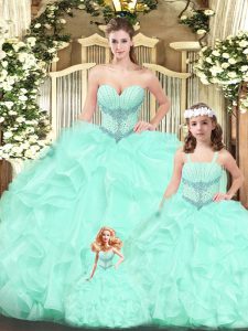 Sophisticated Beading and Ruffles Ball Gown Prom Dress Aqua Blue Lace Up Sleeveless Floor Length