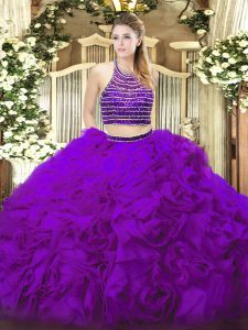 Beautiful Halter Top Sleeveless Lace Up Sweet 16 Dresses Eggplant Purple Tulle
