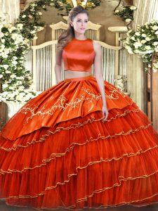 Orange Red High-neck Criss Cross Embroidery and Ruffled Layers Quinceanera Gown Sleeveless