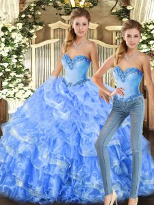 Cute Floor Length Baby Blue and Light Blue Sweet 16 Quinceanera Dress Organza Sleeveless Beading and Ruffles