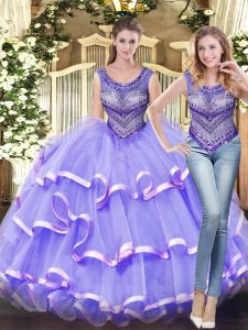 Hot Sale Lavender Lace Up 15th Birthday Dress Beading and Ruffled Layers Sleeveless Floor Length