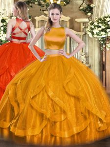 Beauteous Sleeveless Floor Length Ruffles Criss Cross Ball Gown Prom Dress with Orange Red