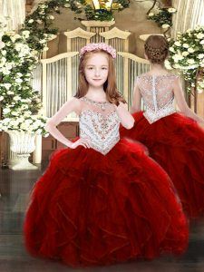 Floor Length Wine Red Evening Gowns Organza Sleeveless Beading and Ruffles