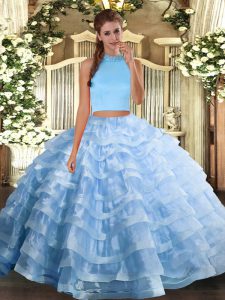 Pretty Floor Length Backless Quince Ball Gowns Light Blue for Military Ball and Sweet 16 and Quinceanera with Beading and Ruffled Layers