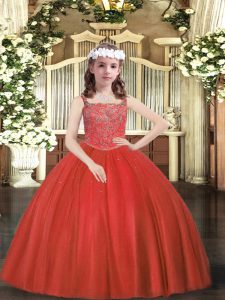 Sleeveless Tulle Floor Length Zipper Little Girls Pageant Gowns in Red with Beading