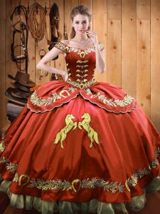 Sophisticated Rust Red Satin and Organza Lace Up 15th Birthday Dress Sleeveless Floor Length Beading and Embroidery
