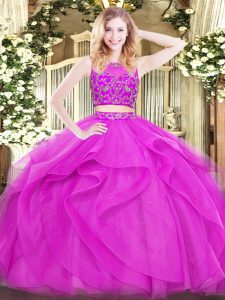 Scoop Sleeveless Zipper Quince Ball Gowns Fuchsia Tulle