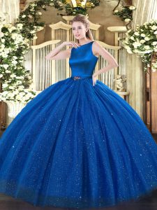 Dramatic Sleeveless Tulle Floor Length Clasp Handle Sweet 16 Dress in Blue with Belt