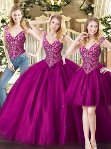 New Arrival Fuchsia Sleeveless Beading Floor Length Quinceanera Gowns