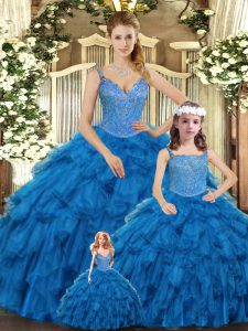 Teal Ball Gowns Beading and Ruffles Ball Gown Prom Dress Lace Up Organza Sleeveless Floor Length
