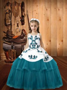 Teal Ball Gowns Straps Sleeveless Tulle Floor Length Lace Up Embroidery Pageant Gowns For Girls
