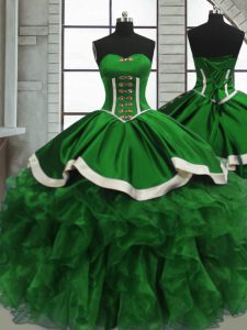 Green Satin and Organza Lace Up 15th Birthday Dress Sleeveless Floor Length Beading and Ruffles