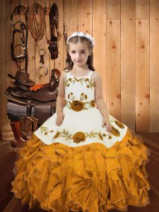 Gold Ball Gowns Embroidery and Ruffles Pageant Dress Wholesale Zipper Organza Sleeveless Floor Length