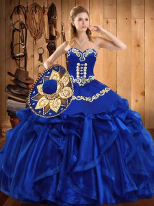 Perfect Royal Blue Sweetheart Lace Up Embroidery and Ruffles 15 Quinceanera Dress Sleeveless