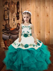 Straps Sleeveless Tulle Pageant Dress for Teens Embroidery and Ruffles Lace Up