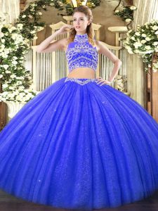 Discount Blue Tulle Backless High-neck Sleeveless Floor Length Sweet 16 Dresses Beading