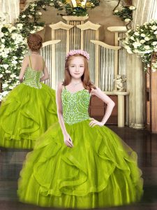 Inexpensive Sleeveless Lace Up Floor Length Beading and Ruffles Glitz Pageant Dress