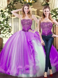 Deluxe Eggplant Purple Sleeveless Tulle Lace Up Vestidos de Quinceanera